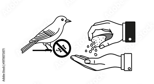 Hand feeding bird seeds, no feeding sign, helping wildlife concept