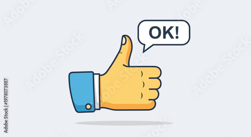 Hand giving thumbs up with OK speech bubble, approval, agreement, positive feedback