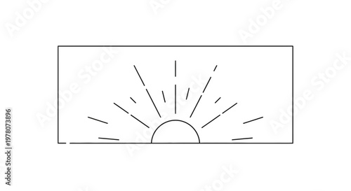 Minimalist Sunrise Icon with Rays, Geometric Sun Burst, Simple Line Art, Horizon Line