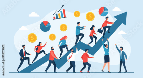 Business people climbing up arrow graph.