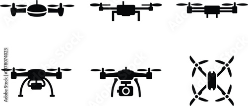 Drone silhouette vector illustration, quadcopter icons design, aerial vehicle artwork, unmanned aircraft graphic, photography surveillance recreational drone symbols
