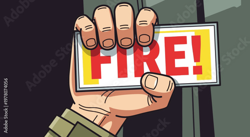 Hand holding a sign that says FIRE! - Danger, Emergency, Alarm, Action