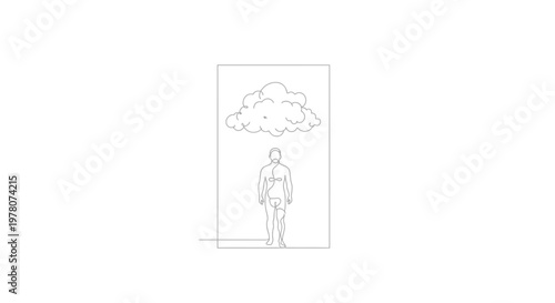 Minimalist Line Art: Person Under a Cloud, Concept of Thought or Sadness