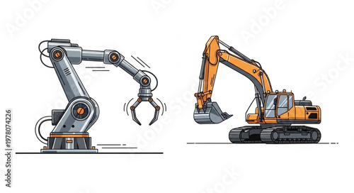 Industrial robot arm and excavator construction machine.