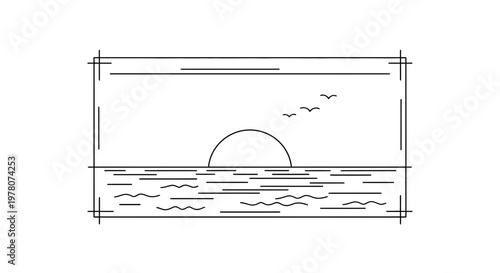 Minimalist Line Art Sunset Over Ocean with Birds, Simple Geometric Design
