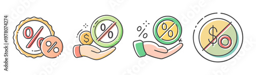 Financial discount icons set, colorful line art illustrations of percentage signs and money symbols, banking and retail promotion vector graphics