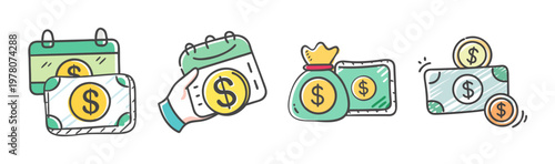 Hand drawn financial icons set, money and calendar illustrations, green and yellow currency symbols, personal finance and budget planning vector