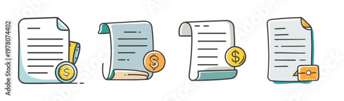 Financial document icons set, business invoice and billing paper vectors, 4 payment receipt and tax form illustrations with dollar coins