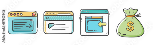 Hand drawn doodle web browser windows and money bag icon set, colorful digital marketing and e-commerce vector elements, online business icons