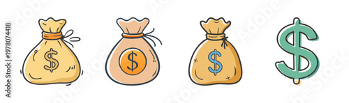 Hand-drawn money bag icons set, cartoon dollar sack vector illustrations, financial wealth and banking symbols, 4 elements collection
