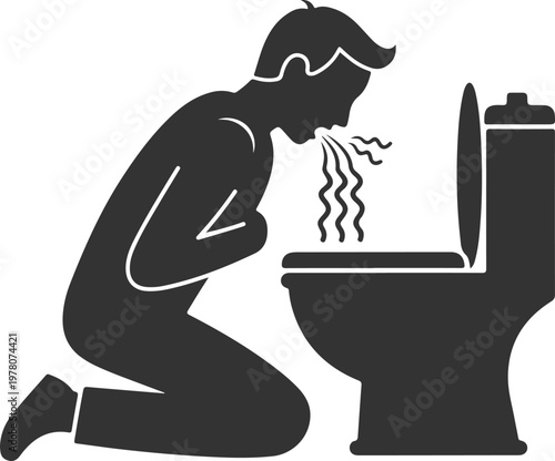 Man vomiting into toilet bowl with nausea and sickness symbolising illness stomach problem or hangover discomfort