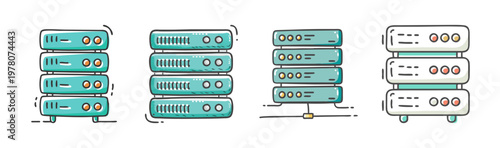Hand drawn data server icons set, colorful doodle style computer hardware illustrations, network storage and database vector elements