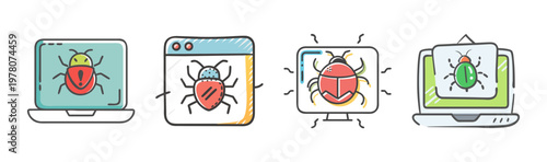 Computer bug and malware icons set, software error and virus on laptop screen, cyber security threat and system glitch vector illustrations