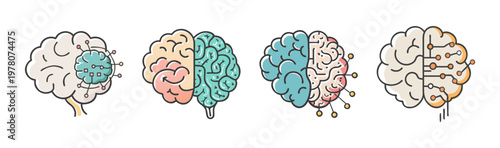 Human brain icons set with artificial intelligence and creative hemisphere concepts, mental health and neurology vector illustrations in flat line style