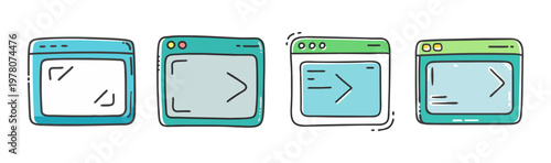 Hand drawn browser window icons set, doodle style web interface elements, teal and green software terminal windows, 4 vector computer screen frames