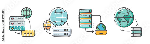 Cloud computing server icons set, global network database storage vector illustrations, web hosting and data center technology graphics