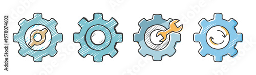Industrial gear icons set, blue mechanical cogwheels with wrench and refresh symbols, technical engineering vector elements for maintenance and settings
