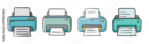 Hand drawn printer icon set, collection of 4 office printing machine vectors, teal and blue inkjet printer illustrations for business and home office