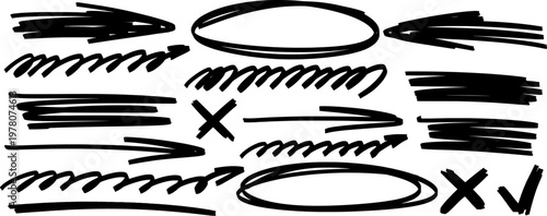 Natural hand drawn sketch, highlight and marker add focus, arrow leads the line, pen and pencil build underline, stroke and shape.