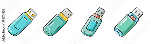 Cartoon USB flash drive icons, set of 4 colorful memory sticks in hand-drawn style, portable data storage device vectors for technology design