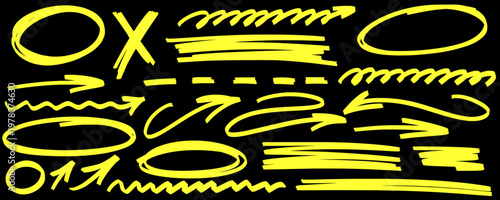 Smooth hand drawn sketch, highlight and marker bring focus, arrow travels the line, pen and pencil form underline, stroke and shape.