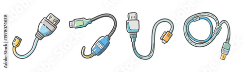 Cartoon computer cables and USB connectors set, hand drawn electronic wire icons, blue and grey digital hardware connection vector elements