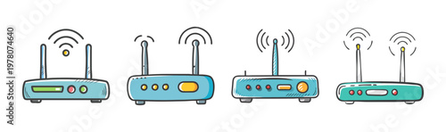 Hand drawn wifi router icons set, blue wireless internet modem vector collection, network hardware equipment with antennas and signal waves
