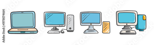 Hand drawn computer icons set, doodle laptop and desktop workstation vector, blue and yellow electronic devices collection for tech blog