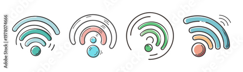 Hand drawn wifi icon set, colorful wireless signal symbols in doodle style, set of 4 vector internet connection signs for web design