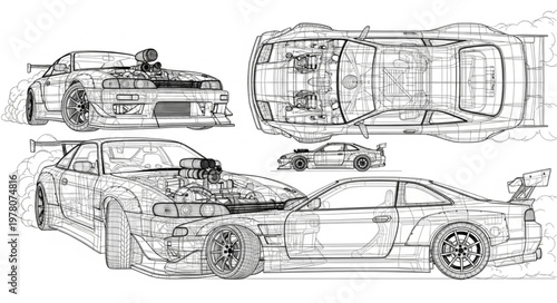 Detailed technical drawing of a sports car with multiple views.
