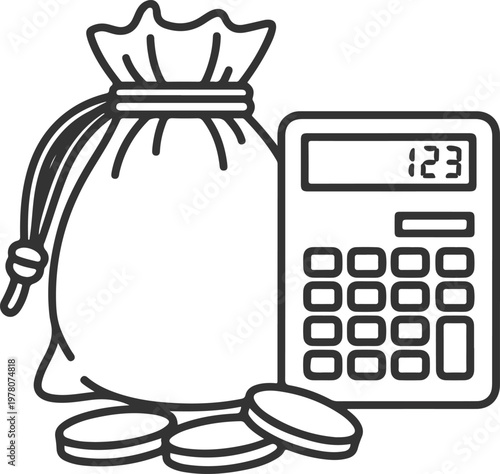 Money bag with calculator and coins vector illustration for financial planning and budget management outline icon
