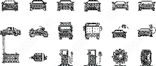 gradient background halftone pixeleted bitmap dither car icons transport vehicle set isolated