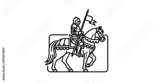 Knight on Horseback with Flag, Medieval Warrior, Heraldic Symbol, Vintage Illustration