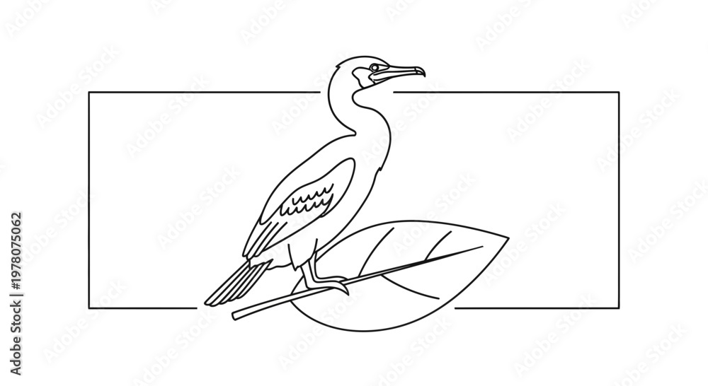 Fototapeta premium Line Art Illustration of a Cormorant Bird Perched on a Leaf
