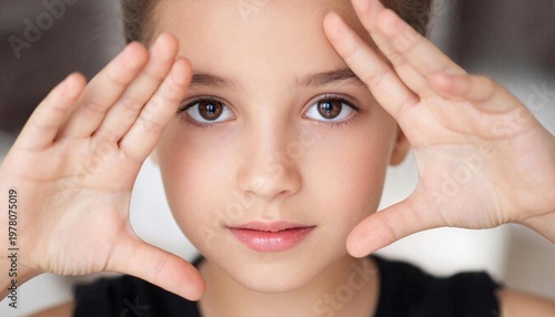 A beautiful girl, looking at the camera, frames her face with her hands. Artistic photoshoot.