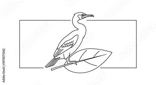 Line Art Illustration of a Cormorant Bird Perched on a Leaf