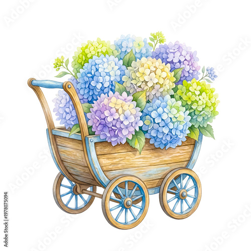 Watercolor illustration of hydrangeas in a wooden stroller