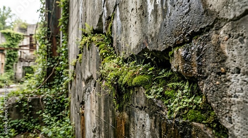 Cracked Concrete Wall Overgrown with Moss and Greenery