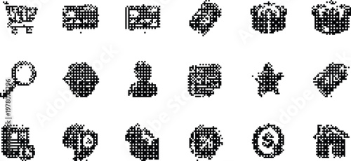 gradient background halftone pixeleted bitmap dither icons vector shopping cart user home