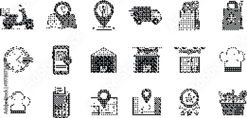 gradient background halftone pixeleted bitmap dither delivery food service icons vector isolated on white