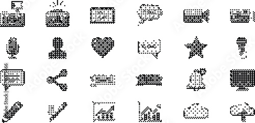 gradient background halftone pixeleted bitmap dither social media icons vector isolated on white