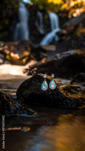 Elegant Pearl Earrings Adorn a Rock by a Serene Waterfall.