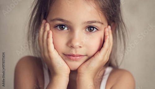 A beautiful girl, looking at the camera, frames her face with her hands. Artistic photoshoot.