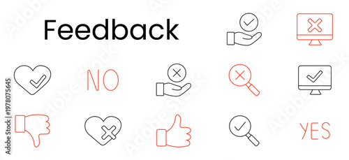 Feedback set icon. Outline pictograms, hand check, monitor cross, heart check, text no, hand cross, magnifier cross, monitor check, thumb down, heart cross, thumb up, magnifier check