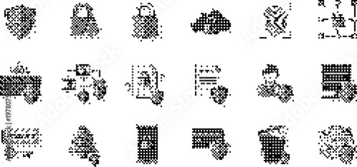 gradient background halftone pixeleted bitmap dither vector security icons isolated on white