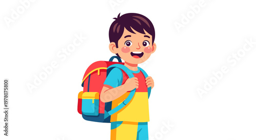 Cheerful young boy with backpack, ready for school adventures and learning