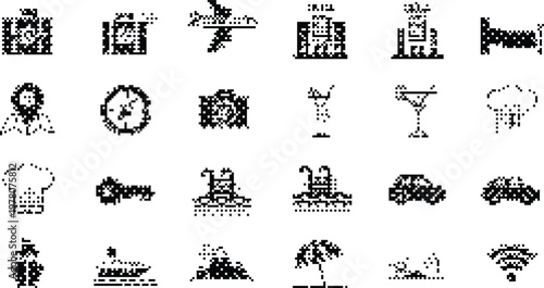 Gradient Background Halftone Pixelated Bitmap Dither Hotel Travel Icons Vector Isolated White