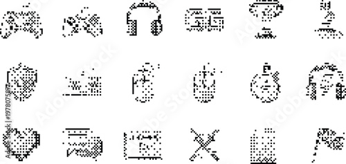 gradient background halftone pixeleted bitmap dither gaming icons vector isolated on white
