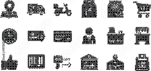 gradient background halftone pixeleted bitmap dither delivery shopping business icons vector isolated on white