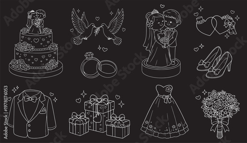 Wedding set vector sketch linear art on black background